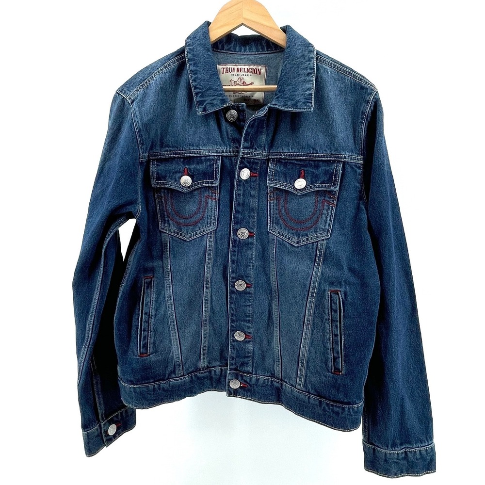 NWT True Religion Mens Small Jesse SN Trucker Jacket Blue Denim Red Stitch